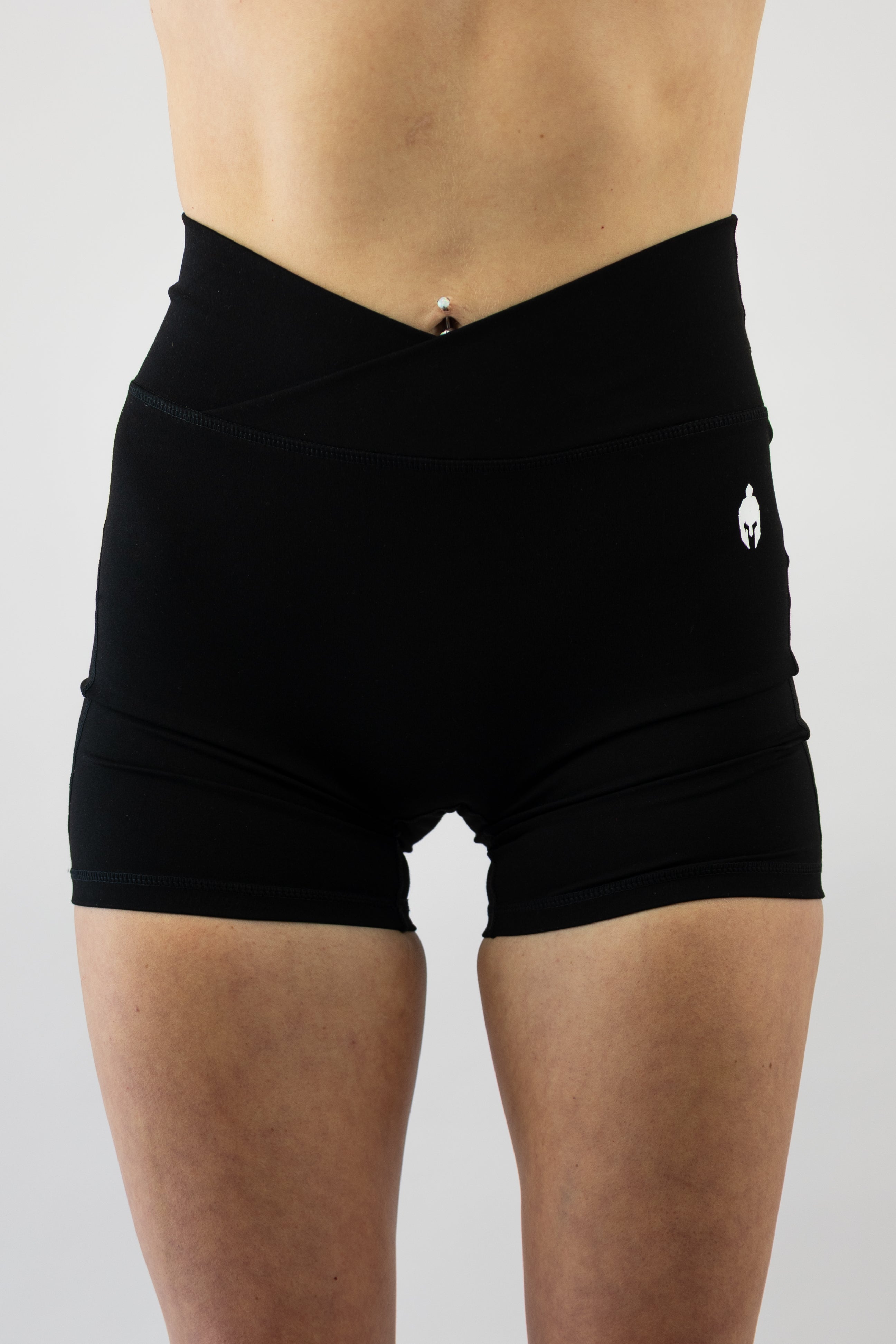 Black athletic Strength of One shorts with a Spartan Helmet logo on a plain background