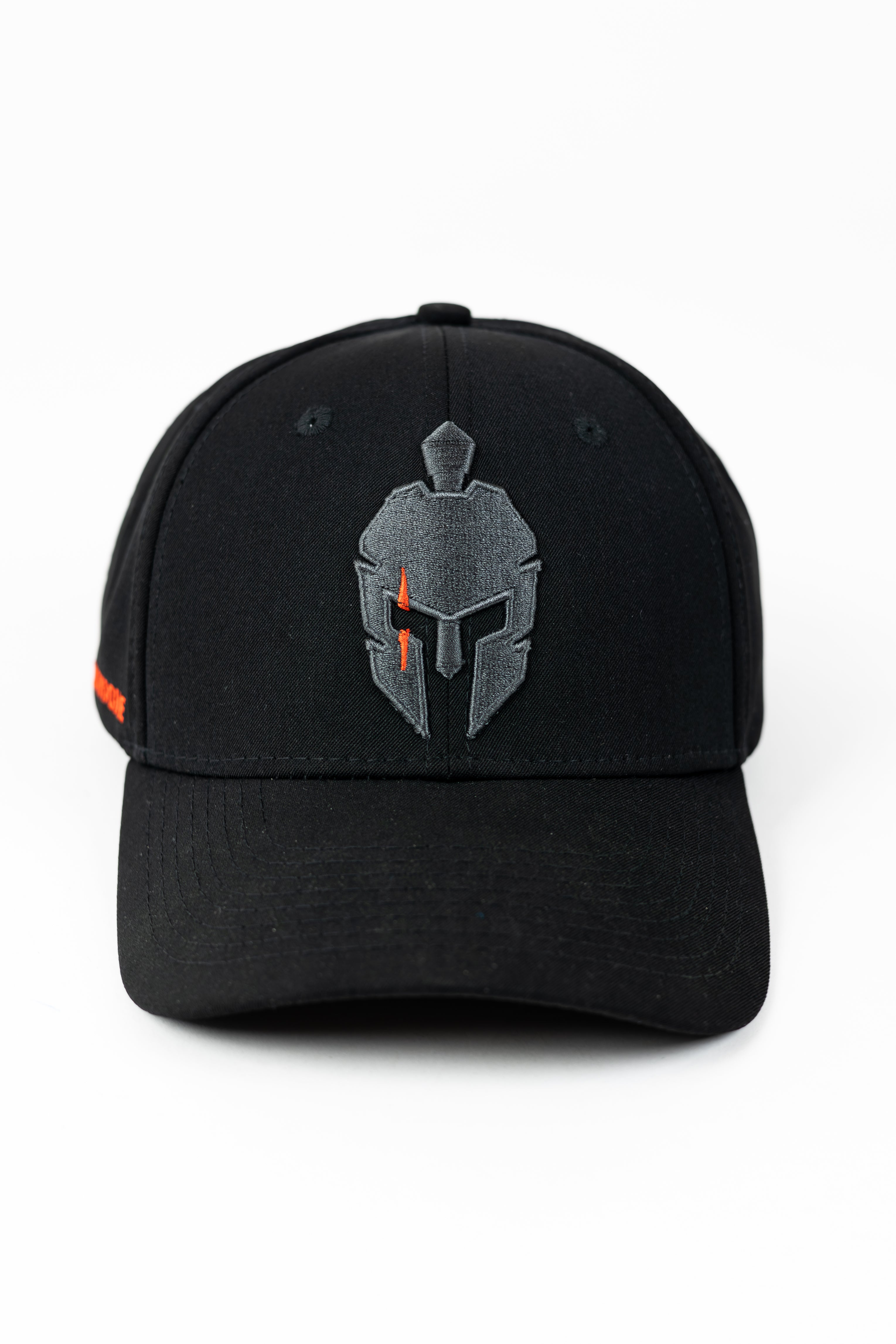 Black Strength of One baseball cap with a gray and orange spartan helmet emblem.